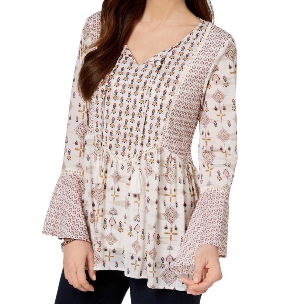 Style & Co Bohemian Geometrical Floral Bell Sleeve Blouse Too